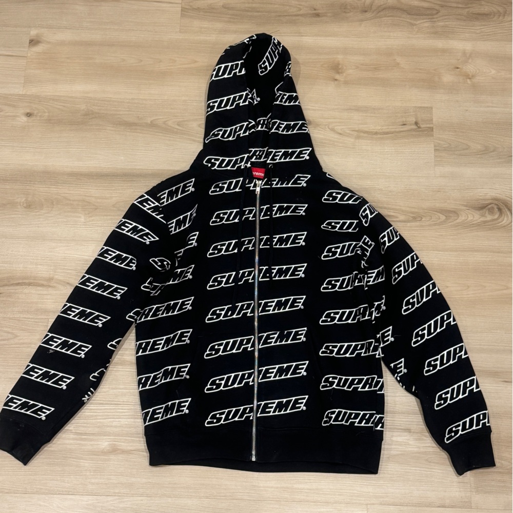 Supreme Black & White Allover Logo Zip Hoodie